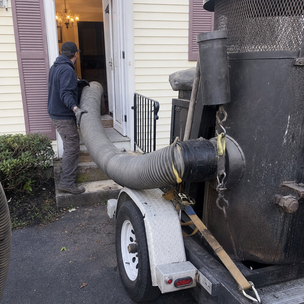 Technician using professional air duct cleaning equipment at a home entrance in Worcester, MA