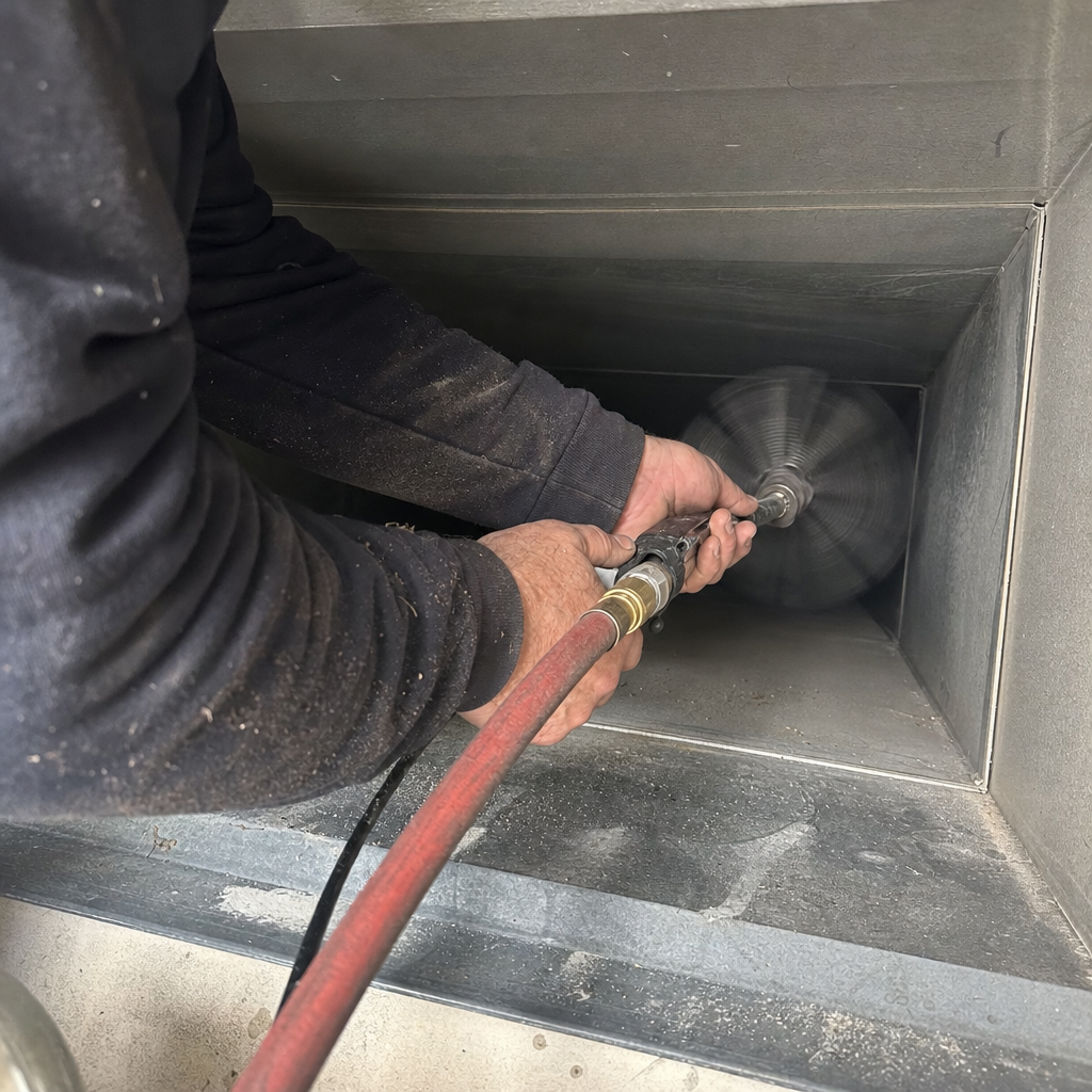 Technician using a rotating brush to clean inside an air duct