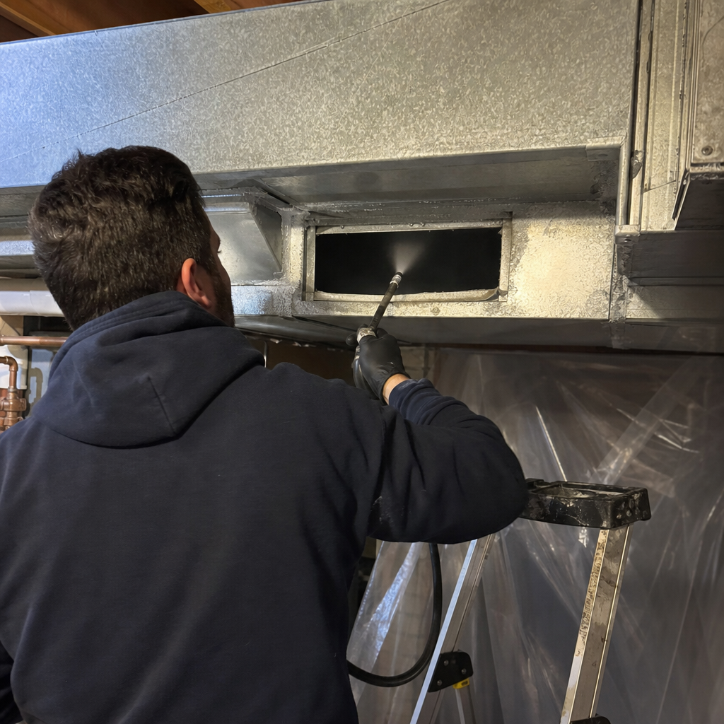 Professional technician performing air duct cleaning and sanitization services in Worcester, MA