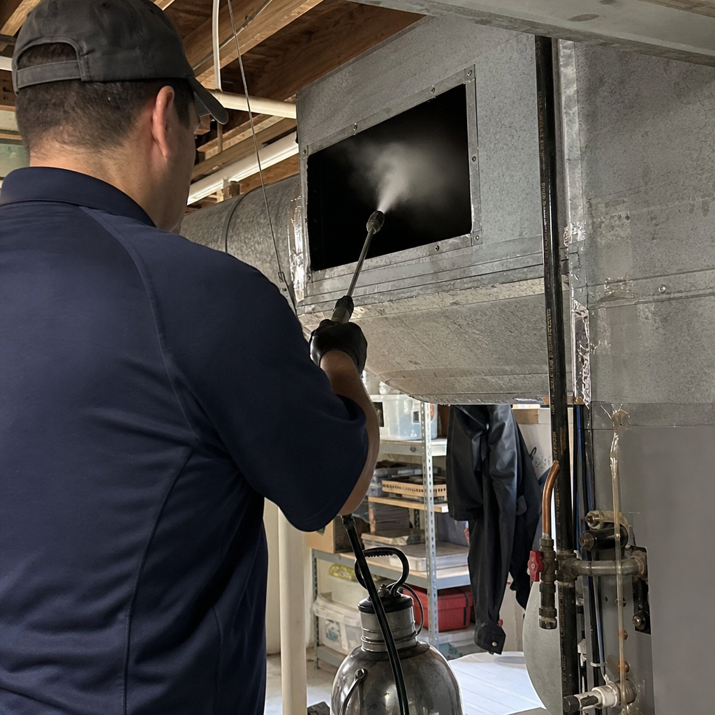 Professional technician performing air duct sanitizing and HVAC system cleaning in Worcester, MA
