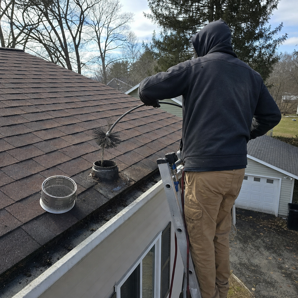 Professional dryer vent cleaning service being performed on a residential roof
