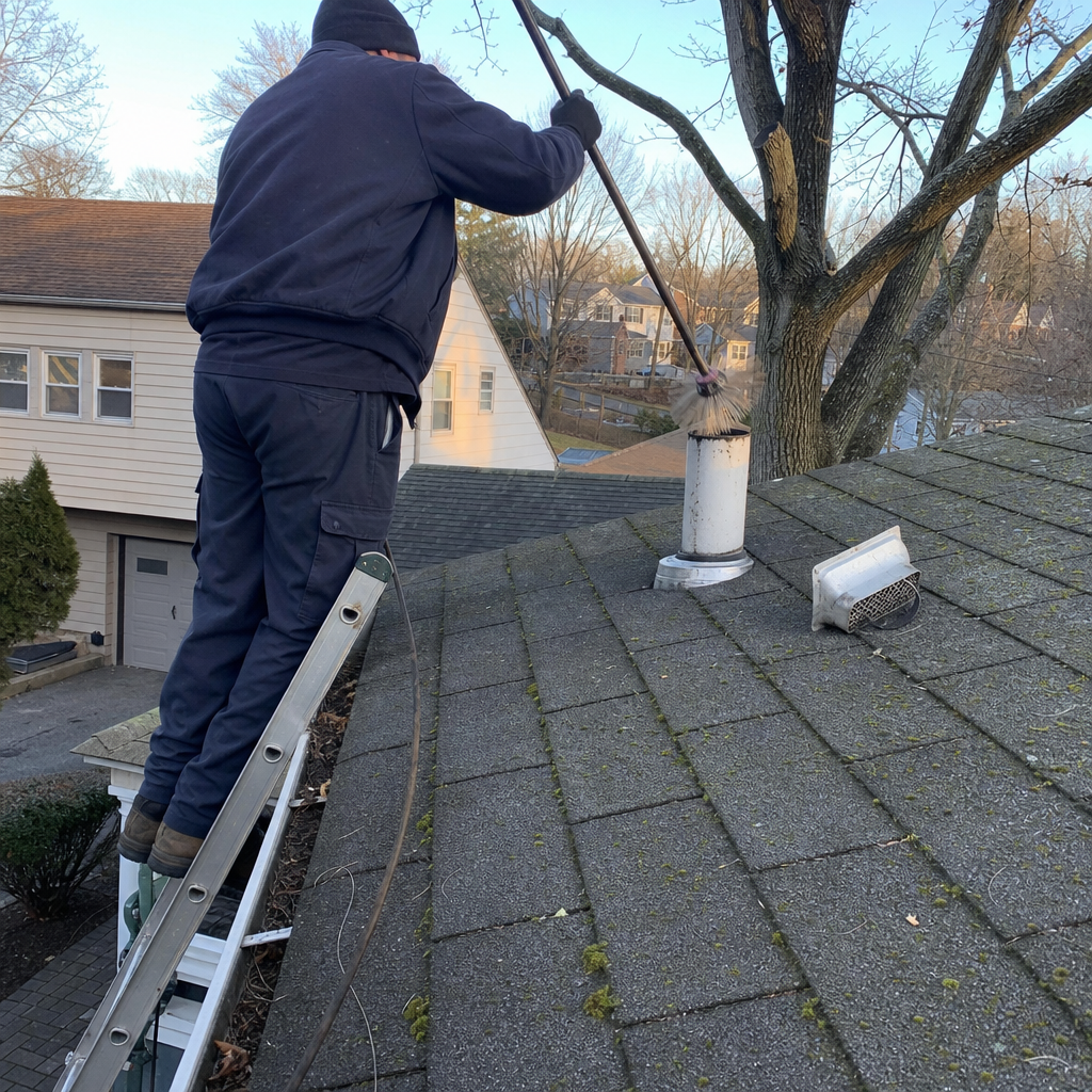 Professional dryer vent cleaning service performed on a residential roof