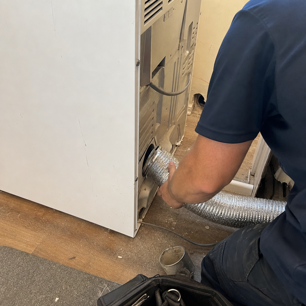 Technician attaching a flexible metallic dryer vent hose for cleaning