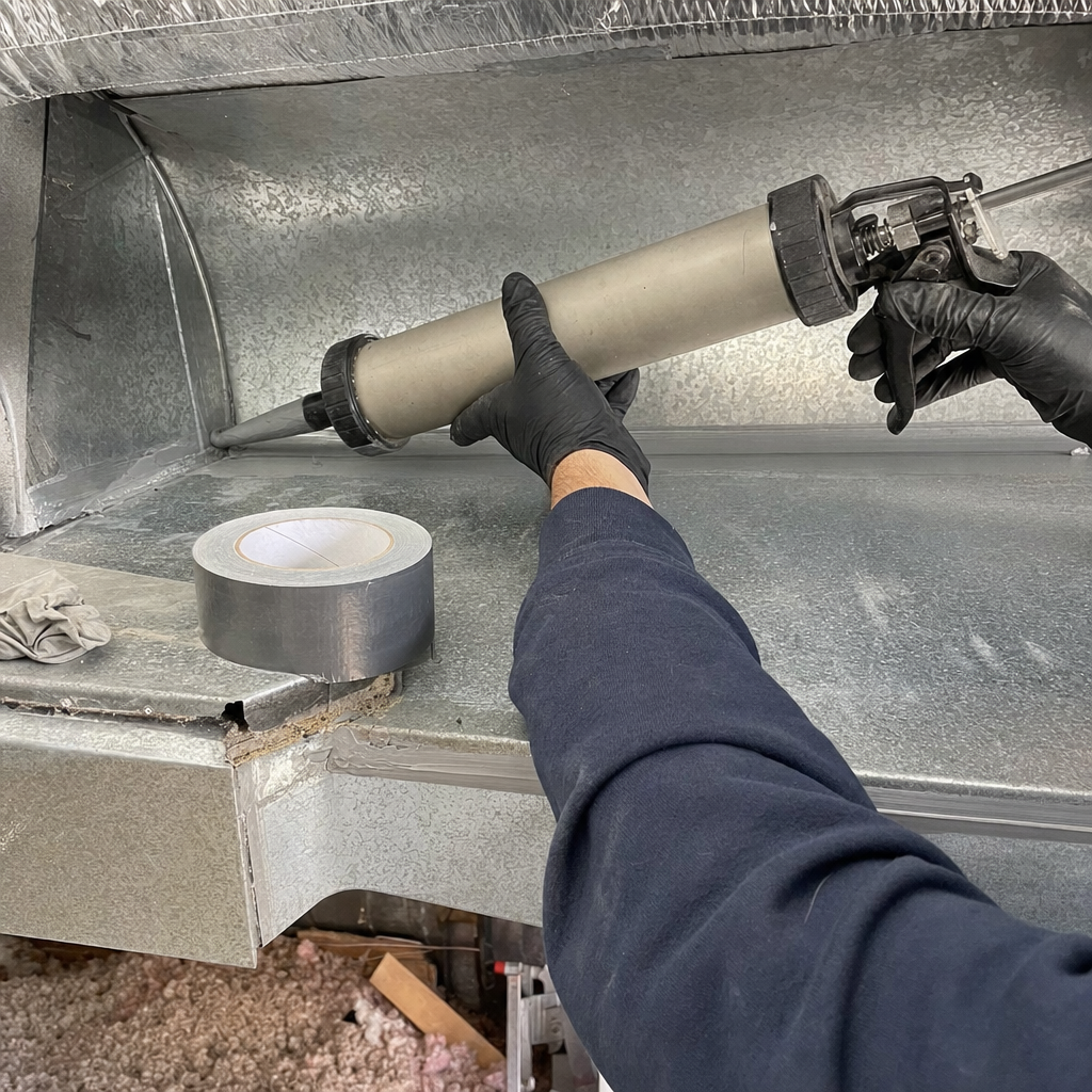 Professional technician applying sealant to metal HVAC ductwork seams in Worcester, MA