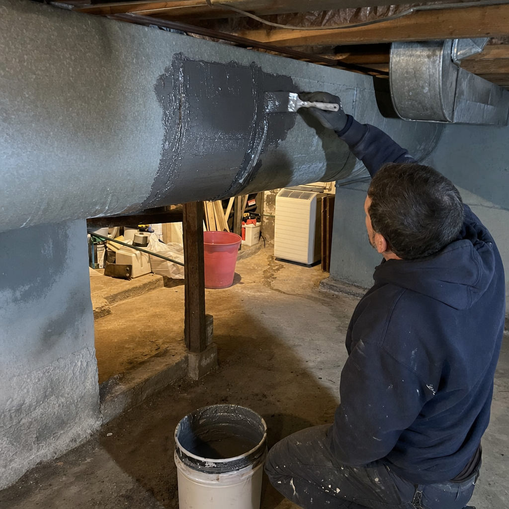 Technician applying mastic sealant to seal and repair metal HVAC ductwork in Worcester, MA