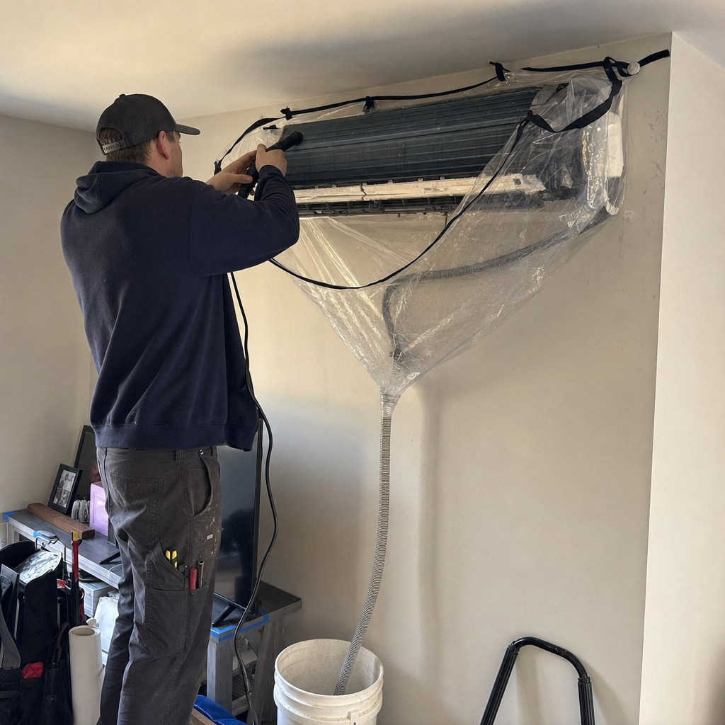 HVAC technician performing professional ductless mini-split cleaning service in Worcester, MA