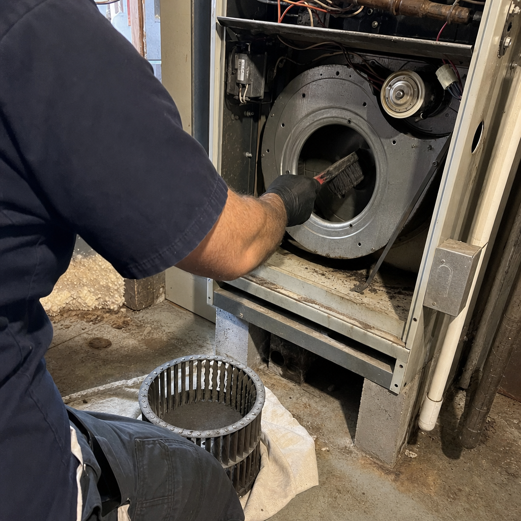 HVAC technician cleaning furnace blower fan assembly in Worcester, MA