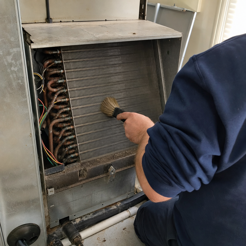 HVAC technician cleaning dusty evaporator coil fins with a brush